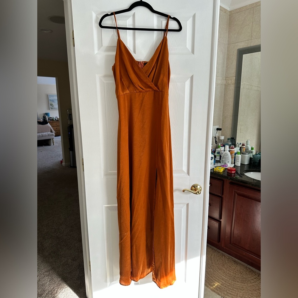 Lulus Constantine Rust Orange Satin Maxi Dress NWT